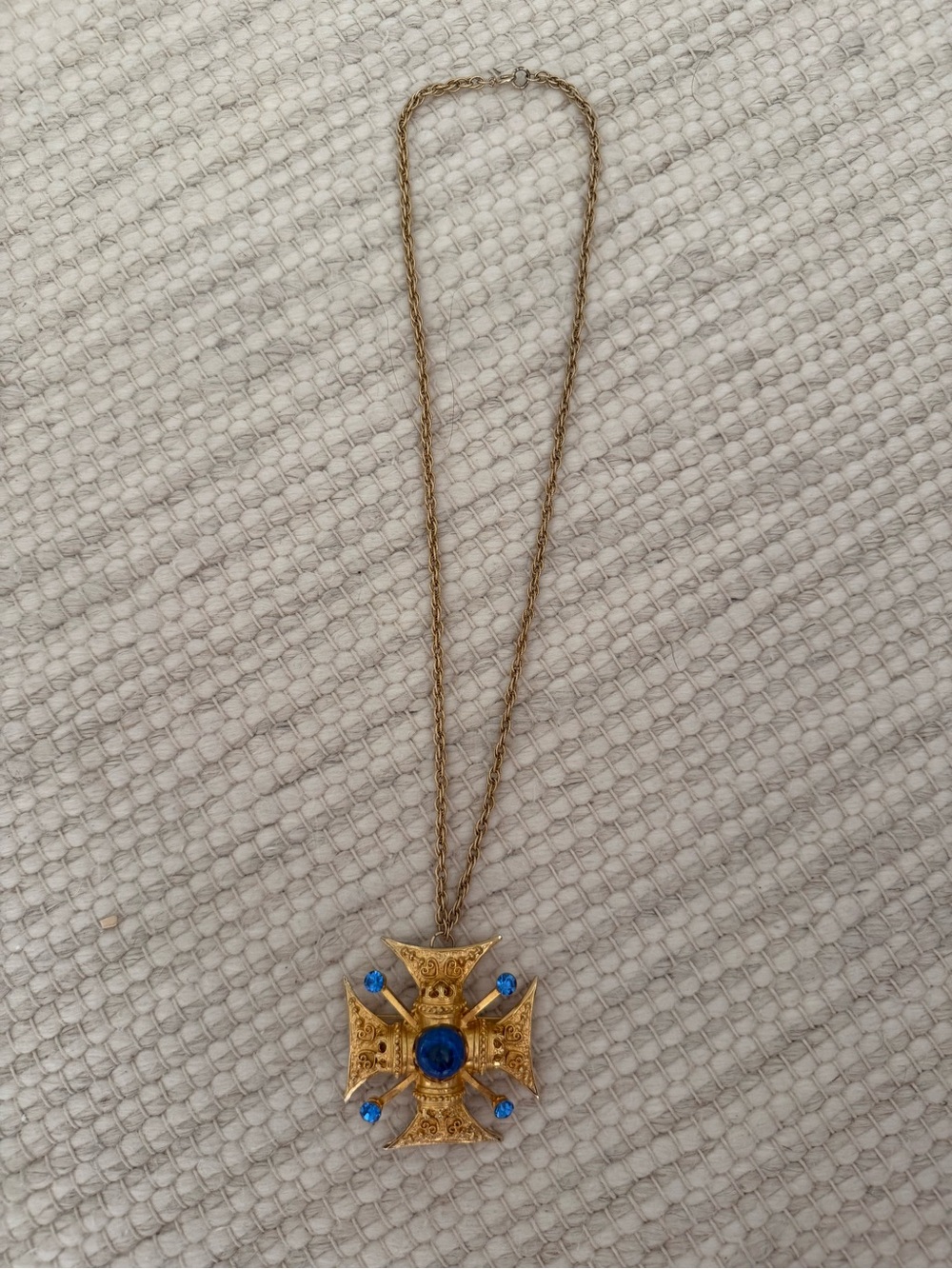 Vintage Gold Cross Pendant Necklace with Blue Stones